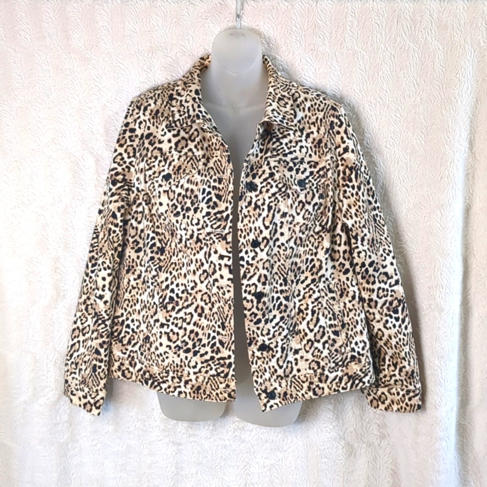 CHICO'S Cheetah Print Denim Jacket Sz 2 12 14 ~ Brown Tan animal print coat